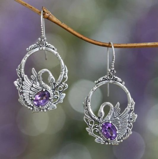 Vintage Silver Swan Purple Crystal Earrings-Maryam Jewelry