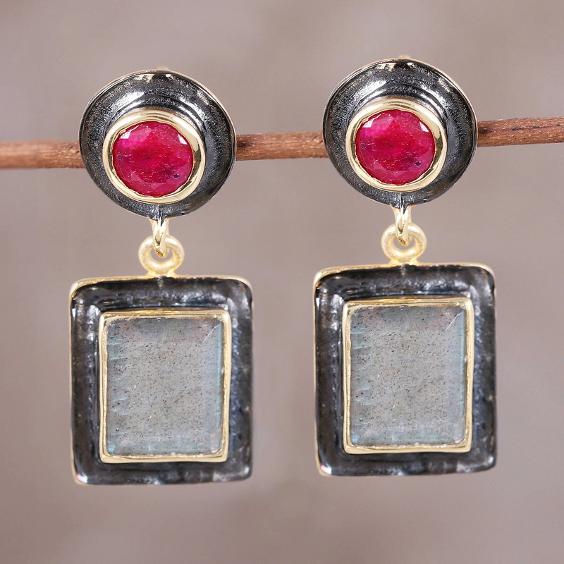 Vintage Square Red Stone Earrings-Maryam Jewelry