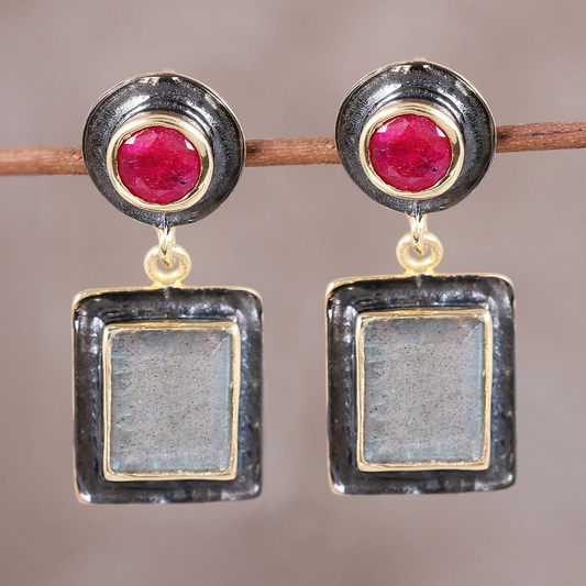 Vintage Square Red Stone Earrings-Maryam Jewelry