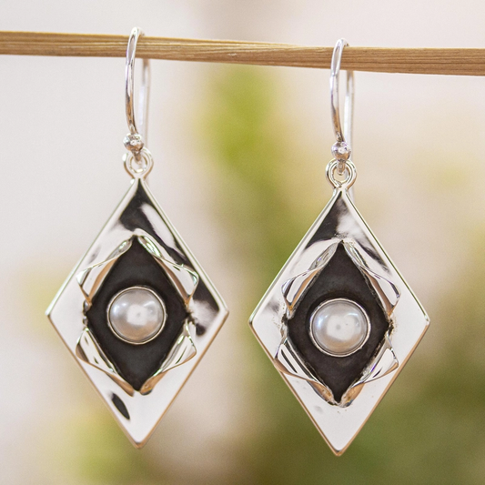 Vintage Inlaid Pearl Silver Earrings-Maryam Jewelry