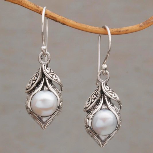 Vintage Dangling Pearl Silver Earrings-Maryam Jewelry
