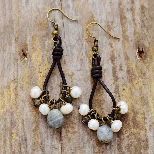 Vintage Dangling Leather & Stones Earrings-Maryam Jewelry
