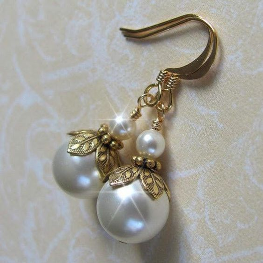 Vintage Dangling Flower Pearl Gold Earrings-Maryam Jewelry