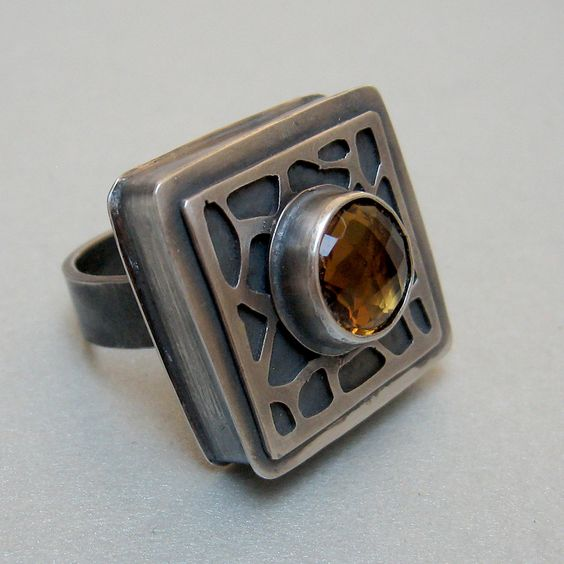 Vintage Square Inlaid Orange Stone Ring-Maryam Jewelry