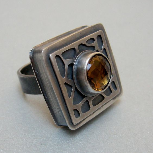 Vintage Square Inlaid Orange Stone Ring-Maryam Jewelry