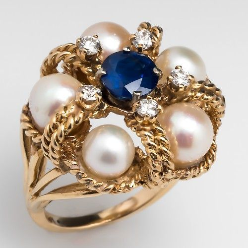 Vintage Blue Zirconia & Pearl Ring-Maryam Jewelry