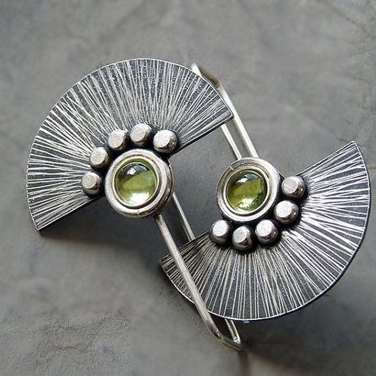 Vintage Crescent Green Crystal Silver Earrings-Maryam Jewelry