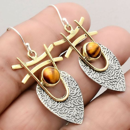 Vintage Orange Stone Gold & Silver Earrings-Maryam Jewelry