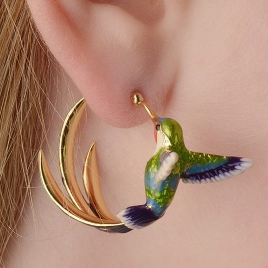 Vintage Enamel Hummingbird Hoop Earrings-Maryam Jewelry