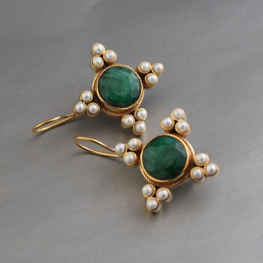 Vintage Green Crystal & Pearls Earrings-Maryam Jewelry