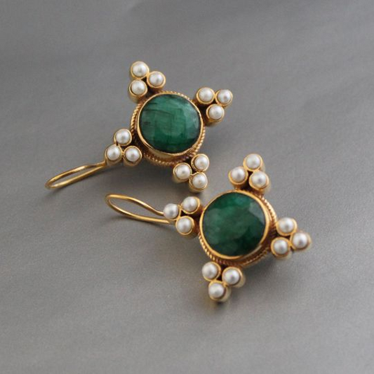 Vintage Green Crystal & Pearls Earrings-Maryam Jewelry
