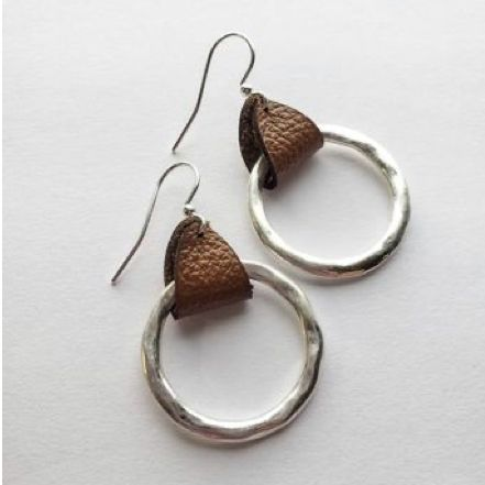 Vintage Leather & Silver Hoop Earrings-Maryam Jewelry