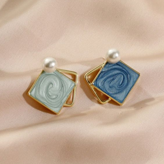 Vintage Square Enamel Blue Earrings-Maryam Jewelry