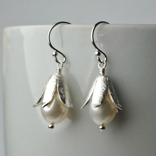 Vintage Lotus Pearl Silver Earrings-Maryam Jewelry