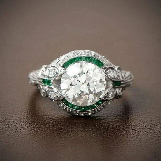 Vintage Green Glass White Zirconia Ring-Maryam Jewelry