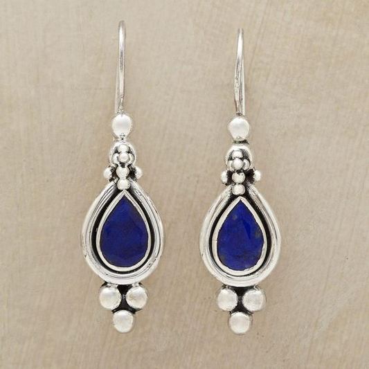 Vintage Dangling Blue Stone Drop Earrings-Maryam Jewelry