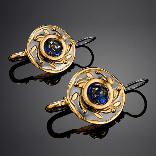 Vintage Rounded Blue Crystal Golden Earrings-Maryam Jewelry
