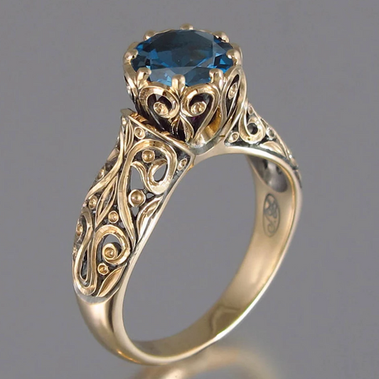 Vintage Blue Crystal Glden Hollow Ring-Maryam Jewelry