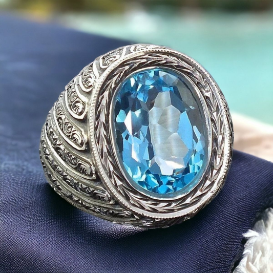 Vintage Blue Crystal Seal Silver Ring-Maryam Jewelry
