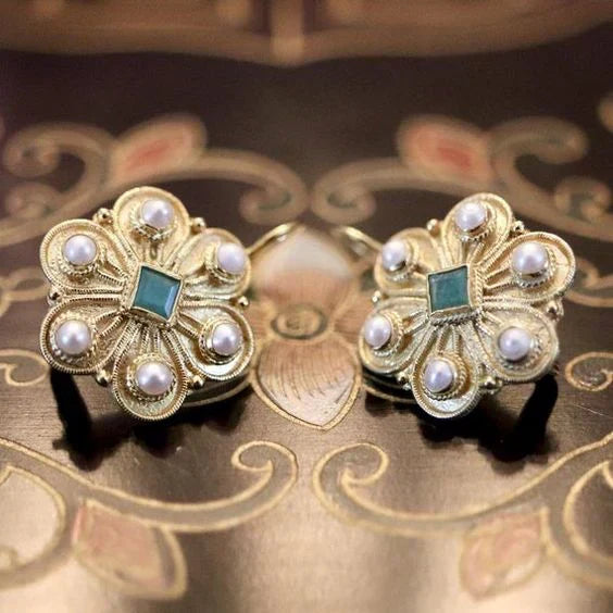 Vintage Crystal Flower Pearl Earrings-Maryam Jewelry