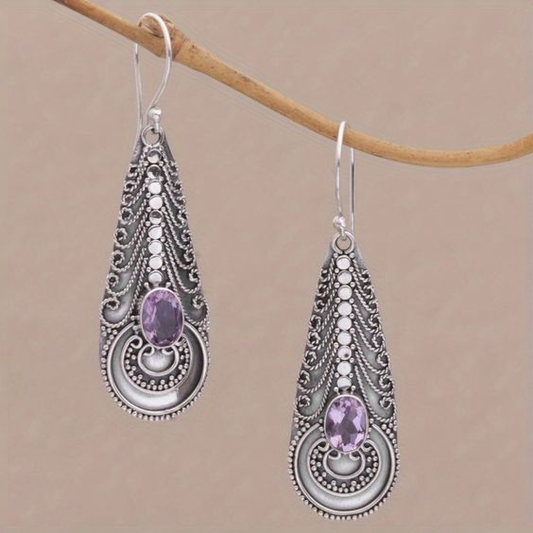 Vintage Dangling Purple Glass Earrings-Maryam Jewelry