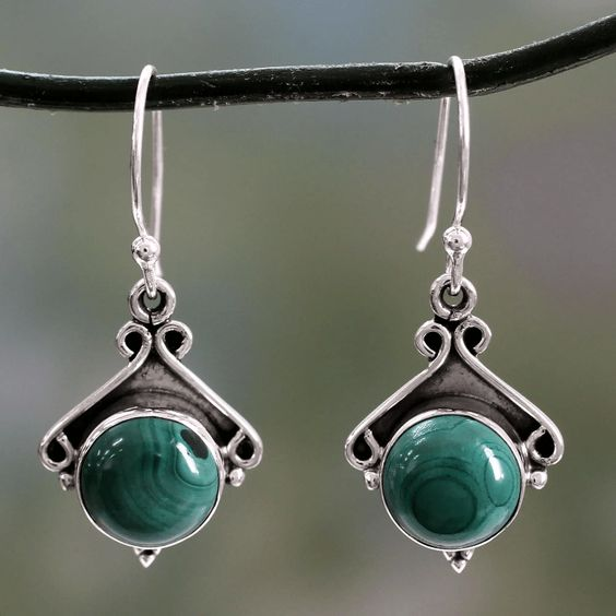 Vintage Green Round Silver Earrings-Maryam Jewelry