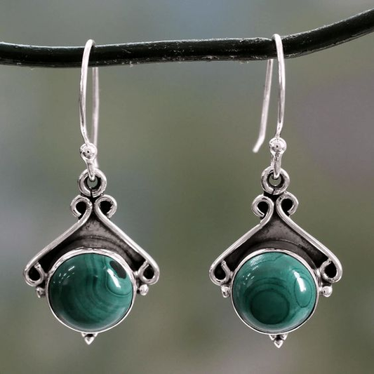 Vintage Green Round Silver Earrings-Maryam Jewelry
