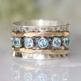 Vintage Blue Inlaid Glass Gold & Silver Ring-Maryam Jewelry