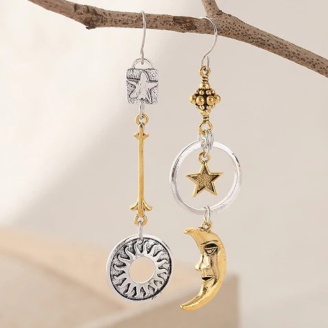 Vintage Moon Dangling Golden Silver Earrings-Maryam Jewelry