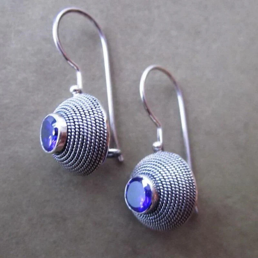 Vintage Rounded Blue Stone Earrings-Maryam Jewelry