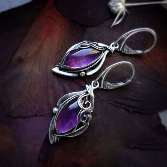 Vintage Purple Drop Silver Earrings-Maryam Jewelry