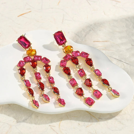 Vintage Red & Pink Crystal Gold Earrings-Maryam Jewelry