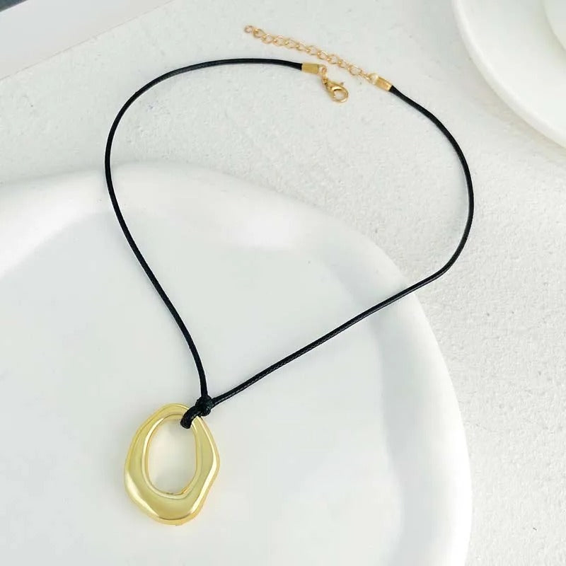 Gold Abstract Oval Pendant & Adjustable Black Rope Necklace-Maryam Jewelry