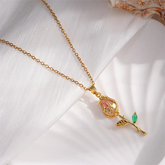 Vintage Gold Pink Tulip Pendant Necklace-Maryam Jewelry