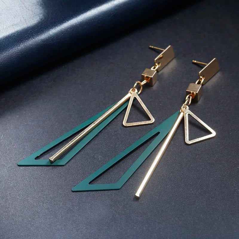 Vintage Gold Green Triangle Bar Drop Earrings-Maryam Jewelry