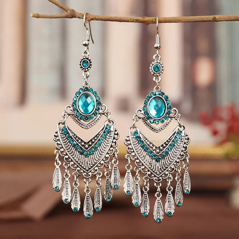 Vintage Silver & Aqua Blue Crystal Drop Earrings-Maryam Jewelry