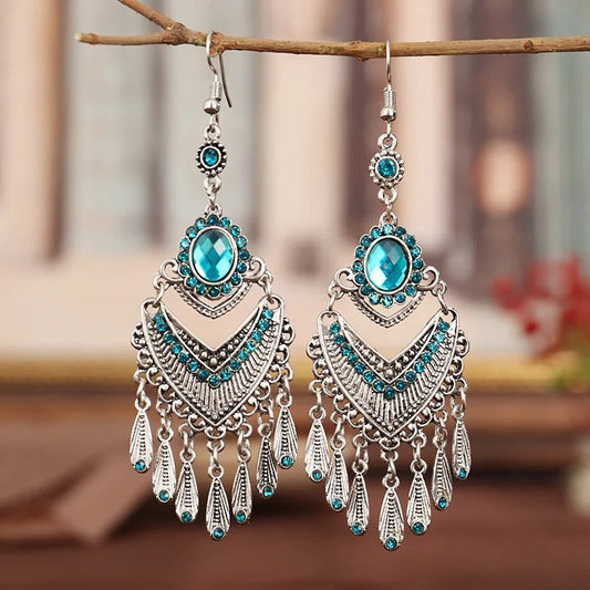 Vintage Silver & Aqua Blue Crystal Drop Earrings-Maryam Jewelry