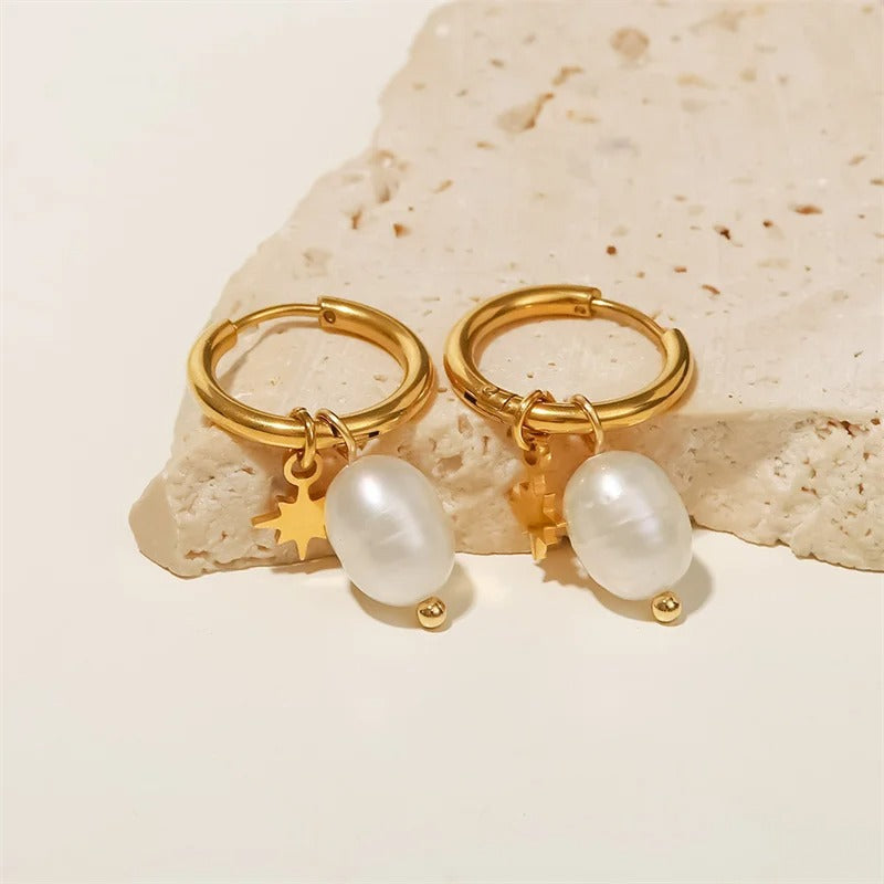 Vintage Gold Star Charm & White Pearl Hoop Earrings-Maryam Jewelry
