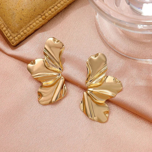 Vintage Gold Petal-Shaped Glossy Earrings-Maryam Jewelry
