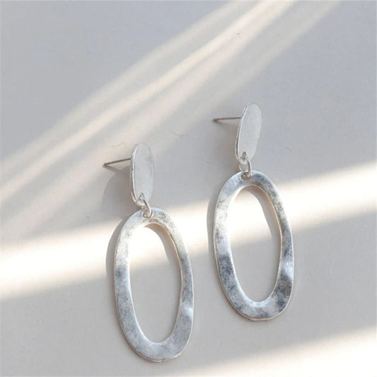Vintage Silver Oval Dangle Earrings-Maryam Jewelry