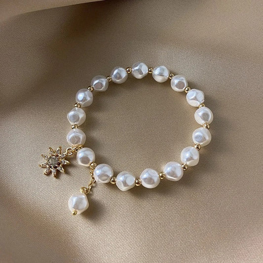 Gold White Pearl & Sunflower Pendant Bracelet-Maryam Jewelry