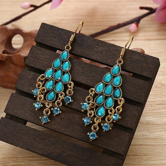 Vintage Gold & Blue Turquoise Teardrop Earrings-Maryam Jewelry
