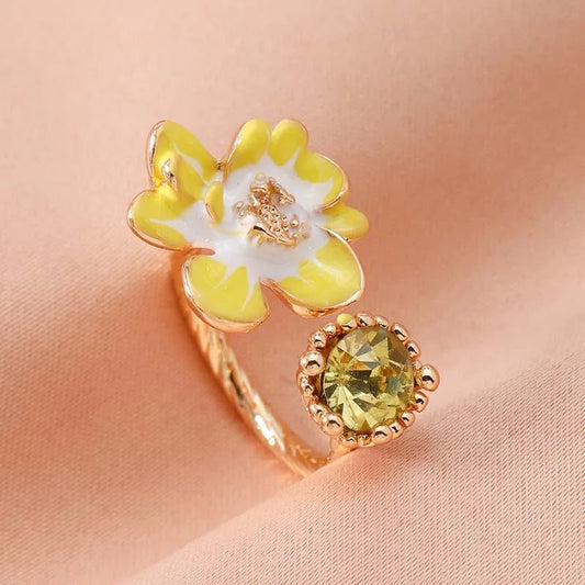Vintage Yellow Floral Design & Golden Gemstone Open Ring-Maryam Jewelry