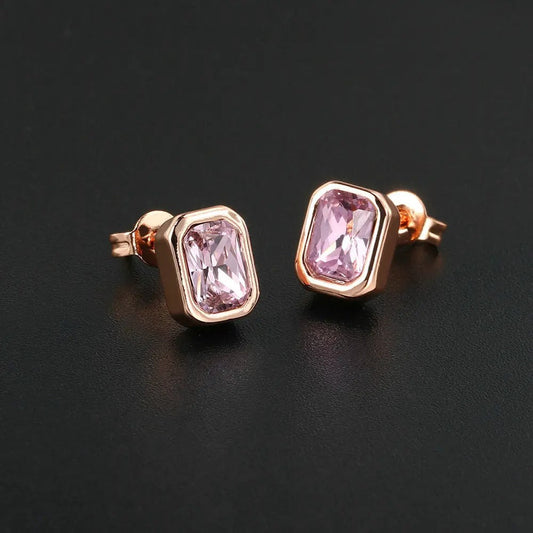 Classic Rose Gold Pink Rectangular-Cut Design Earrings-Maryam Jewelry