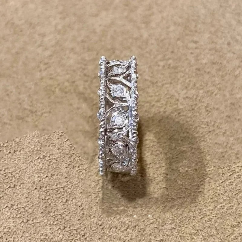 Vintage Silver & Diamond Carved Leaf Adjustable Ring-Maryam Jewelry
