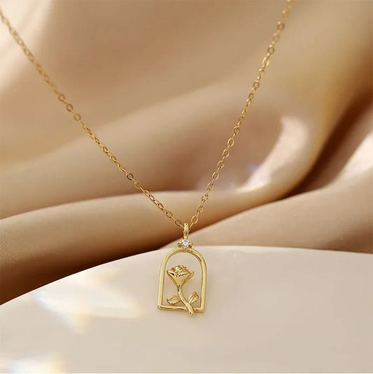 Vintage Gold Arch Frame Rose Pendant Necklace-Maryam Jewelry