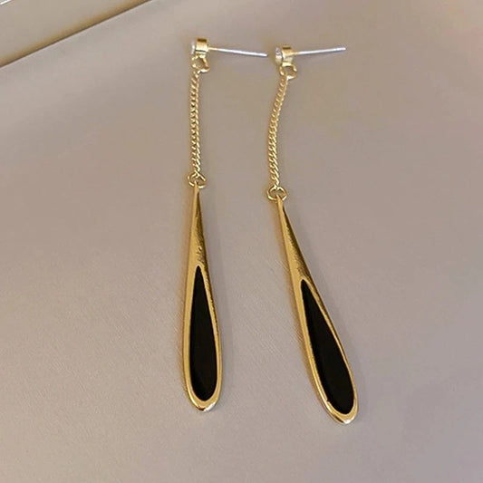 Vintage Gold Black Teardrop Dangle Earrings-Maryam Jewelry