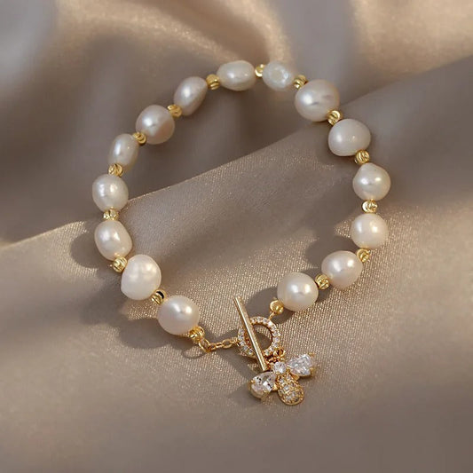 Gold & Pearl Crystal Butterfly Charm Bracelet-Maryam Jewelry