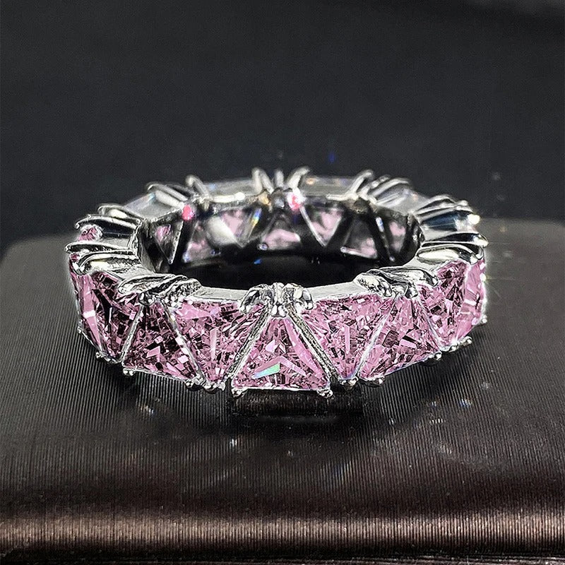Vintage Silver & Sparkling Pink Triangular Band Ring-Maryam Jewelry