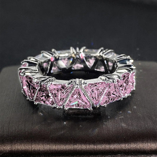 Vintage Silver & Sparkling Pink Triangular Band Ring-Maryam Jewelry